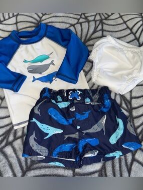 Baby Swim 3-6 Month Bundle - Whale Shirt + Whale Trunks + Swim Diaper, EUC 🐳